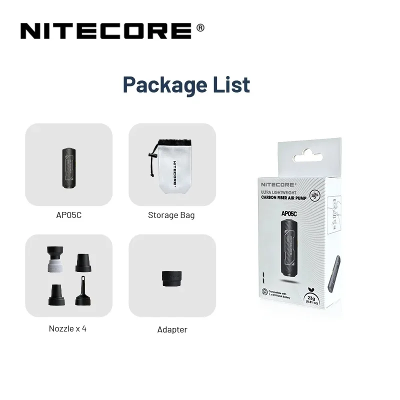 NITECORE AP05C Воздушный насос из углеродного волокна Легкий портативный электрический насос для накачивания для кемпинга на открытом воздухе (art.: 3920d03cf46a6) - 3920d03cf46a6
