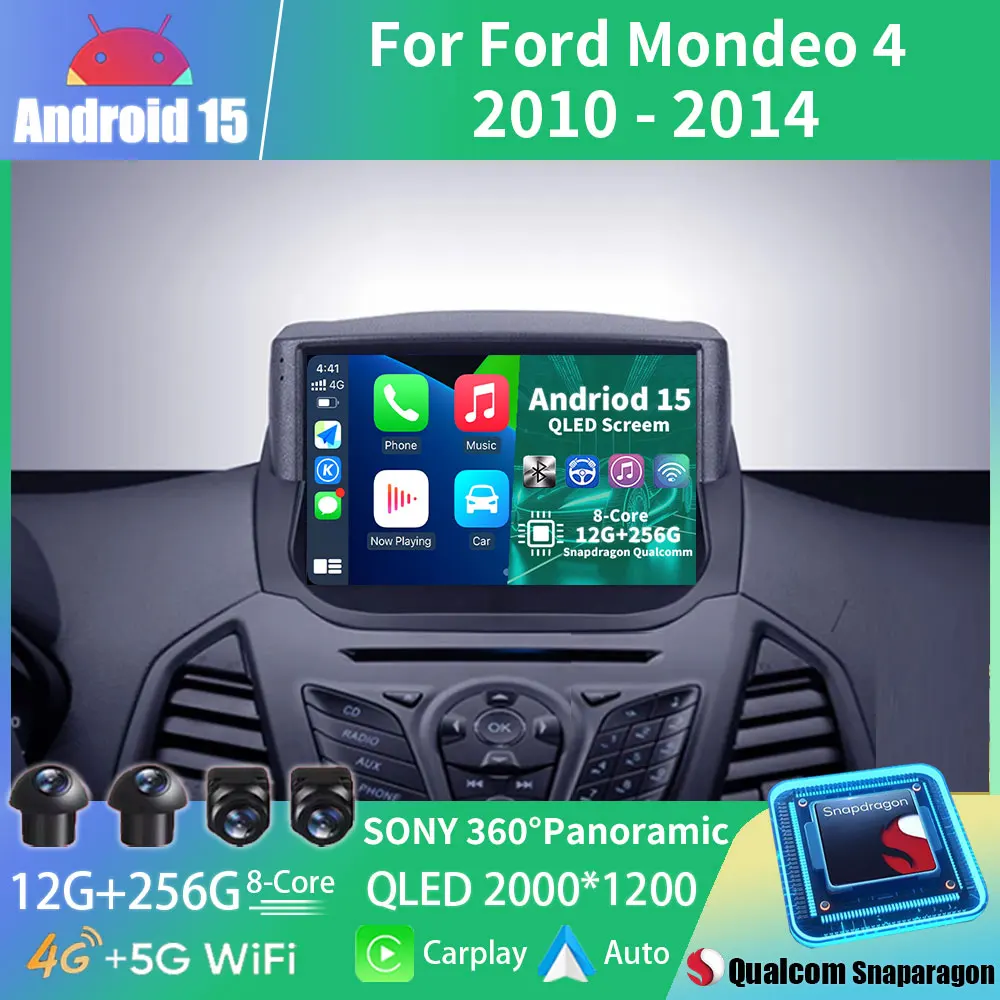 Автомобильный радиоприемник Android 15 для Ford EcoSport 2014-2018, мультимедийный стереоплеер NAVI DSP, головное устройство, беспроводной Carplay BT QLED WIFI