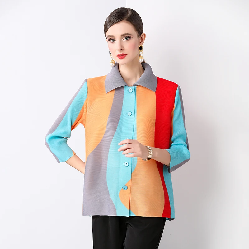 Женская плиссированная рубашка Miyake, элегантная однобортная свободная эластичная блузка с отложным воротником и ярким принтом, осень