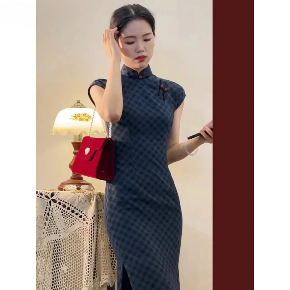 Элегантное темно-синее улучшенное платье Cheongsam для женщин Qipao Mujer Vestido 2025 новое тонкое платье с китайской талией в китайском стиле