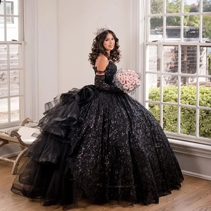 Angelsbridep, блестящий черный корсет на шнуровке, платья для Quinceanera с оборками для принцессы, милые, 16 дней рождения, женские платья
