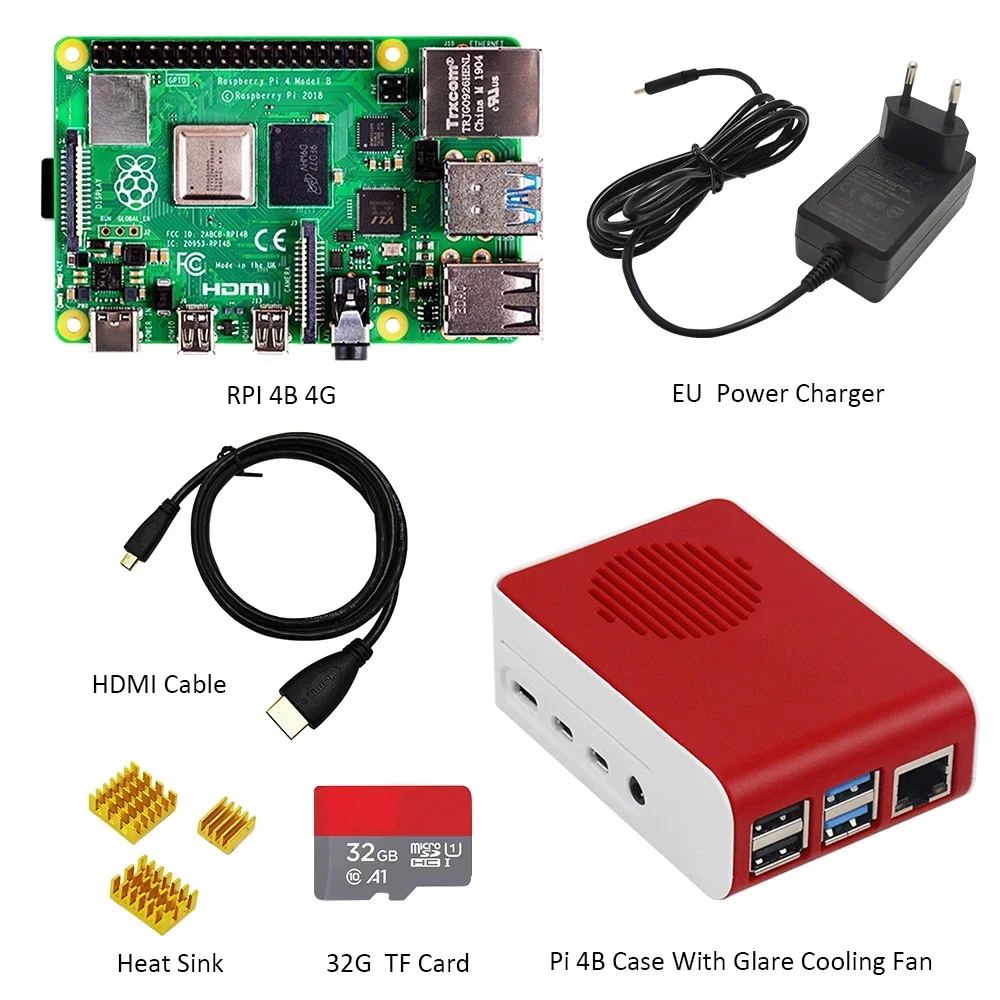 Фото Lonten Original Raspberry Pi4 Model B Kit 4 ГБ ОЗУ + чехол с вентилятором + зарядное устройство для питания EU/US/UK Type-C 5 В/3 А + кабель + TF-карта 32G + h №3