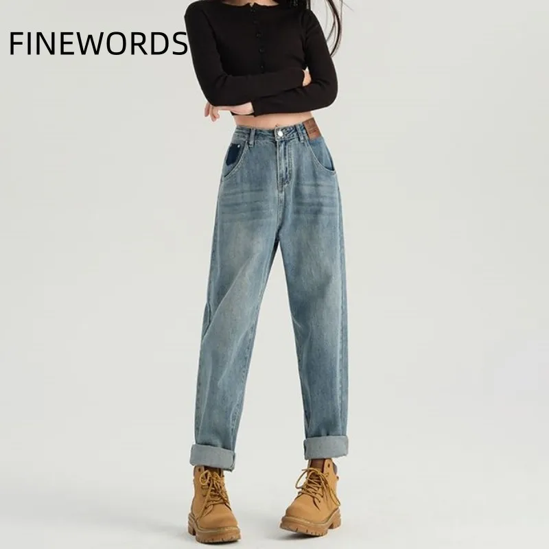 FINEWORDS винтажные зимние свободные джинсы-шаровары женские корейские повседневные джинсы-бойфренды с высокой талией теплая уличная одежда Easymatch джинсовые брюки