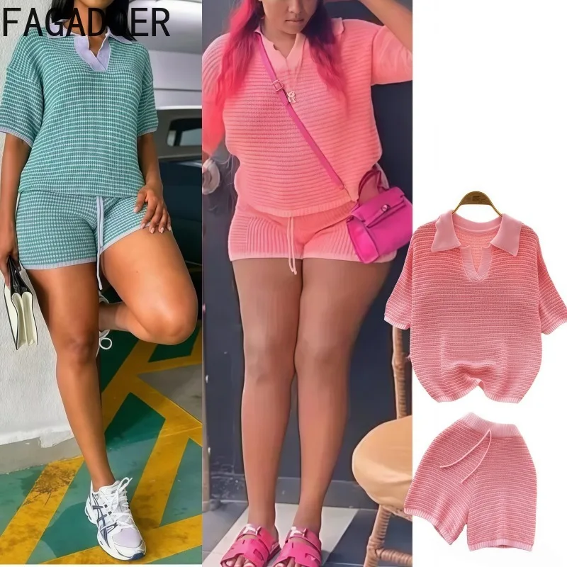 FAGADOER Y2k Sweet Fashion Knit Комплекты из 2 предметов Женский наряд Укороченный топ с короткими рукавами и шорты Женская уличная одежда