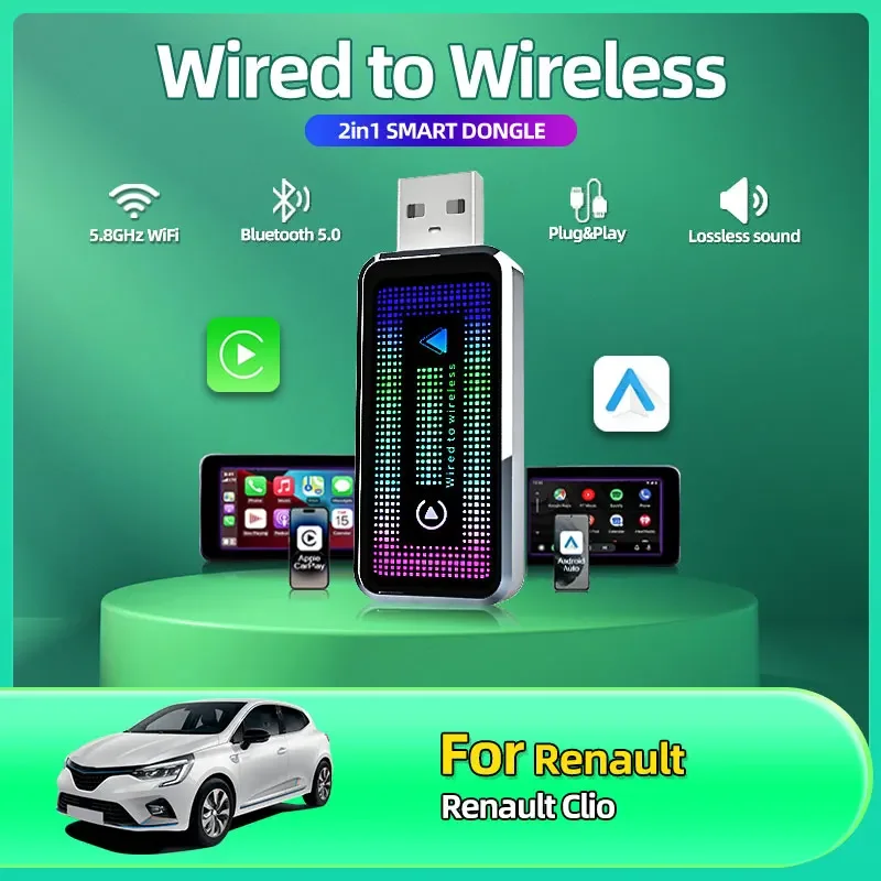 Портативный беспроводной адаптер Carplay, совместимость с Android Auto и для Apple Carplay с простой настройкой ключа для Renault Clio