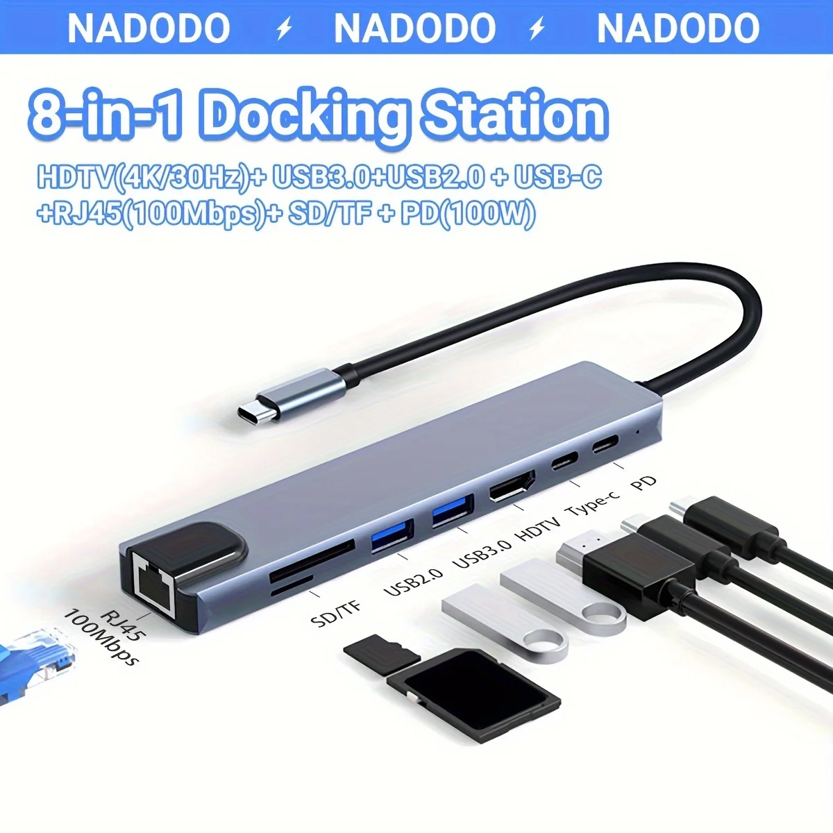 USB-концентратор 8-в-1 с разными портами и HDMI-концентратором 4K, 100 Вт, питание, порт USB 3,0 5Gdps, кардридер SD/TF,
