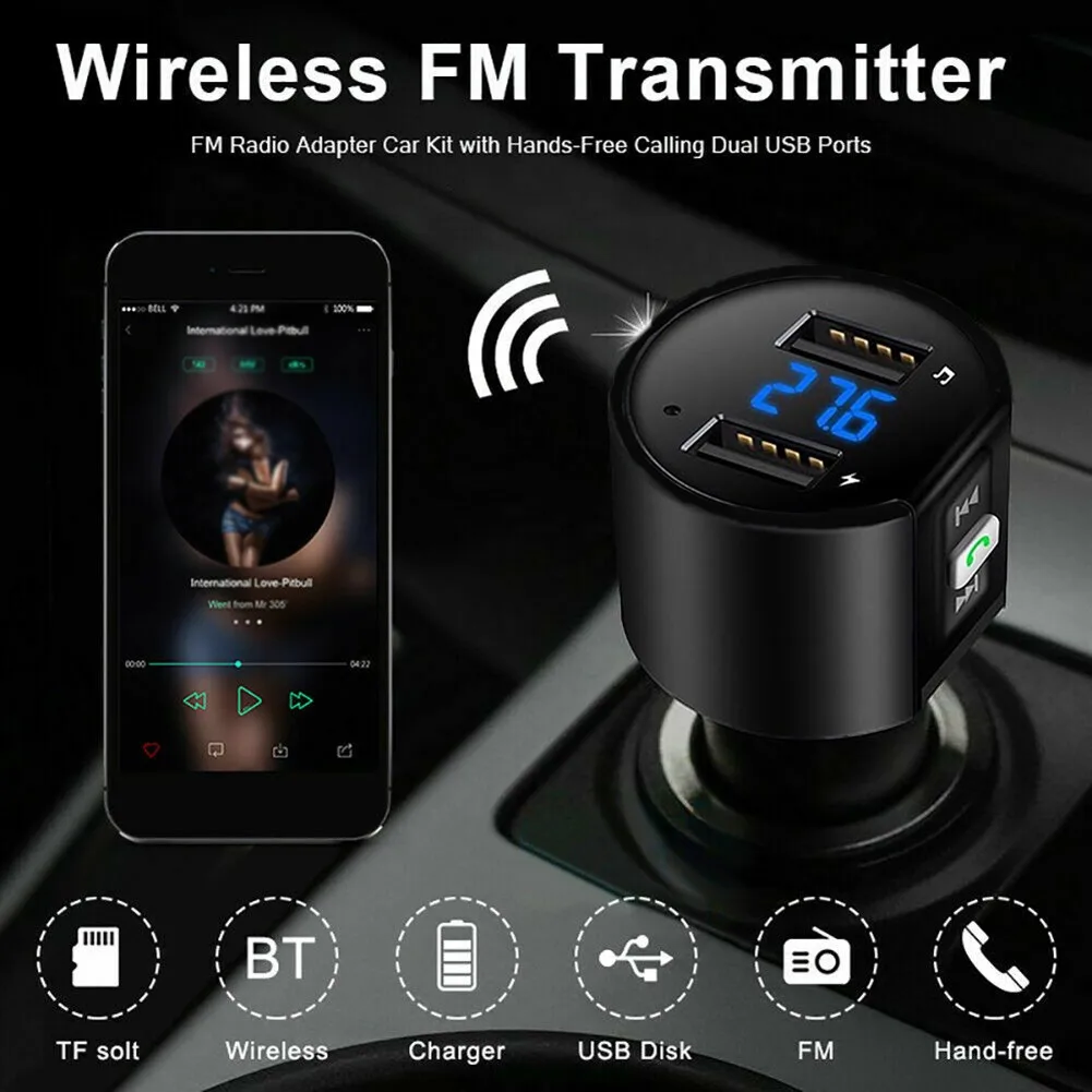 Автомобильный FM-трансмиттер, беспроводной Bluetooth-радиоадаптер, музыкальный mp3-плеер, комплект громкой связи с 2 USB-портами, зарядное устройство, автомобильные электронные аксессуары