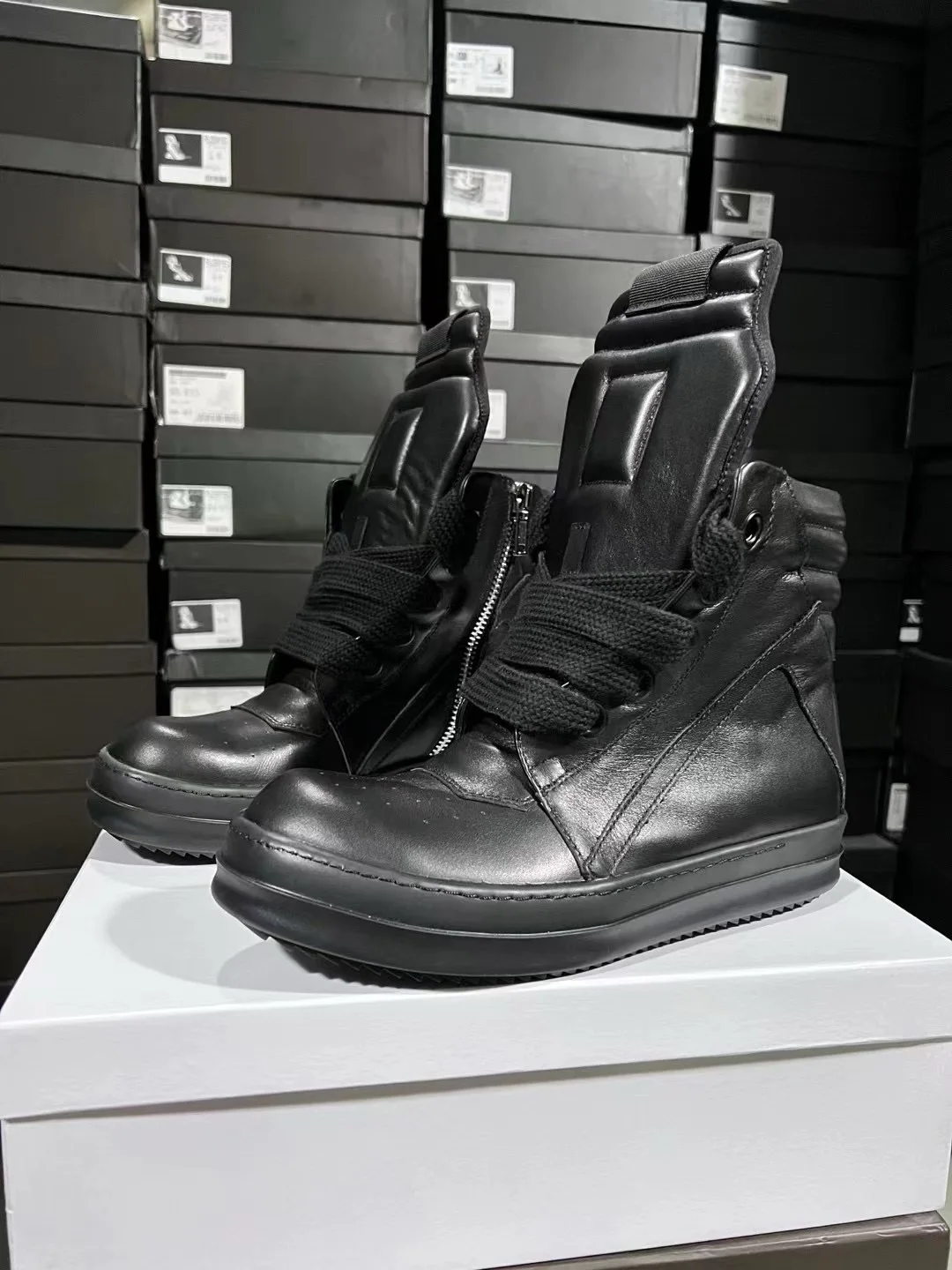 Ricks Genious Black Leather Jumbo Lace High Top Geobasket Owens Качественная мужская обувь Женские кроссовки Повседневные дизайнерские ботинки и обувь Owens