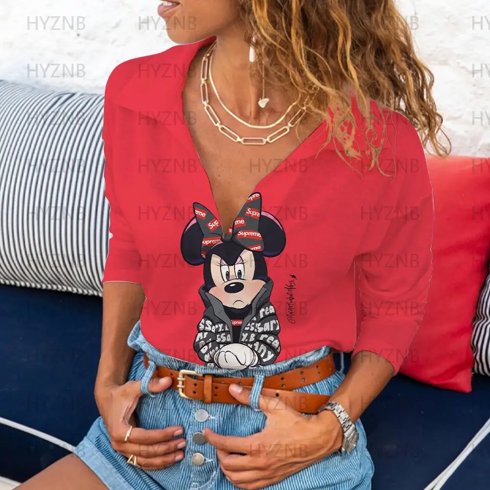 Фото Kaus Polo Kpop Kerah V Atasan Musim Panas Lucu Seksi Blus Wanita Mode Lengan Panjang Minnie Mouse Keren 2022 Kartun Mickey №2