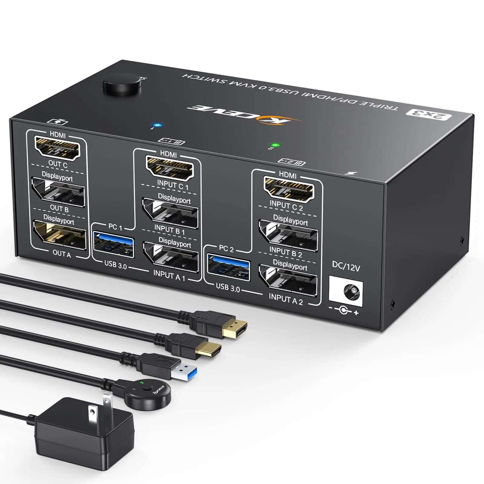 KVM-переключатель с тремя мониторами, 2 порта дисплея + HDMI USB 3,0 KVM-переключатель 8K @ 60Hz,4K @ 144Hz, подходит для 3 мониторов, 2 компьютера KVM-переключателя