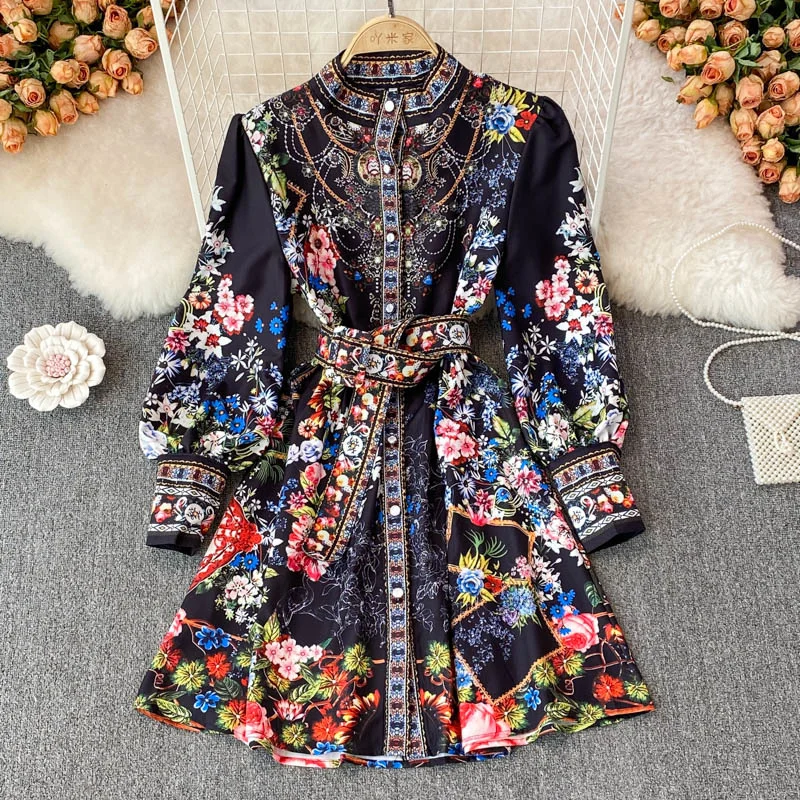 Фото Gaun Mini Wanita Liburan Boho Motif Bunga Warni Lengan Panjang Lentera Wanita Musim Semi Pentas Mode Bar 2022 №2
