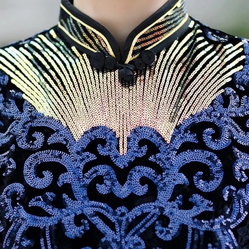 Фото Женское элегантное платье Aodai с коротким рукавом, восточная вечеринка, вечернее платье Cheongsam для выступлений, танцев, вьетнамская одежда №3