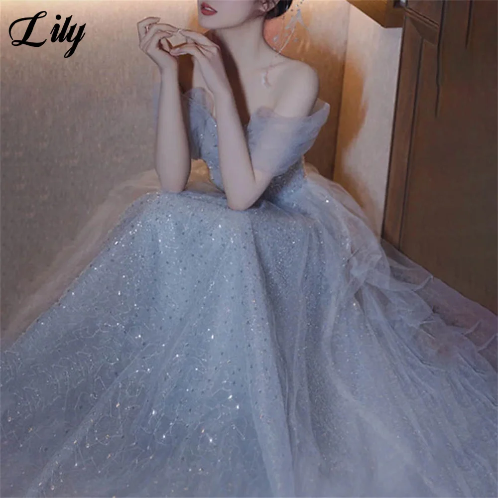 Фото Элегантное сексуальное свадебное платье Lily Dusty Blue, сетчатое платье знаменитости с блестками, милое платье для особых случаев, robes du soir №4