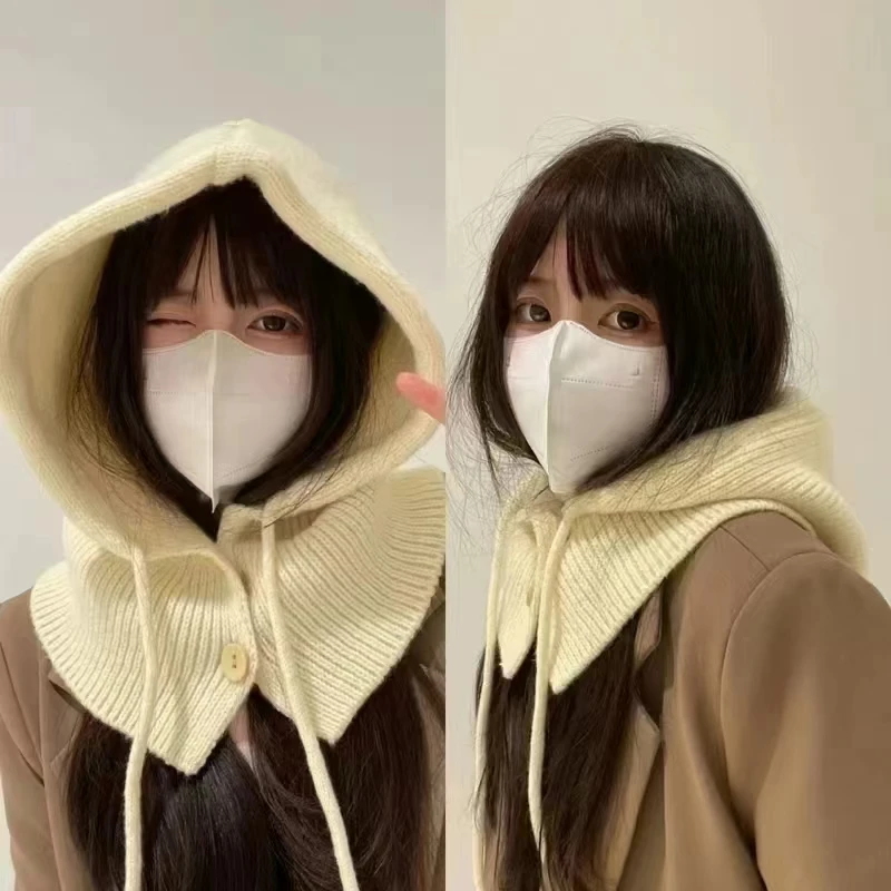 Gorros de pasamontañas con capucha de punto Unisex para mujer, gorro con cordón más cálido, cuello de una pieza, Invierno