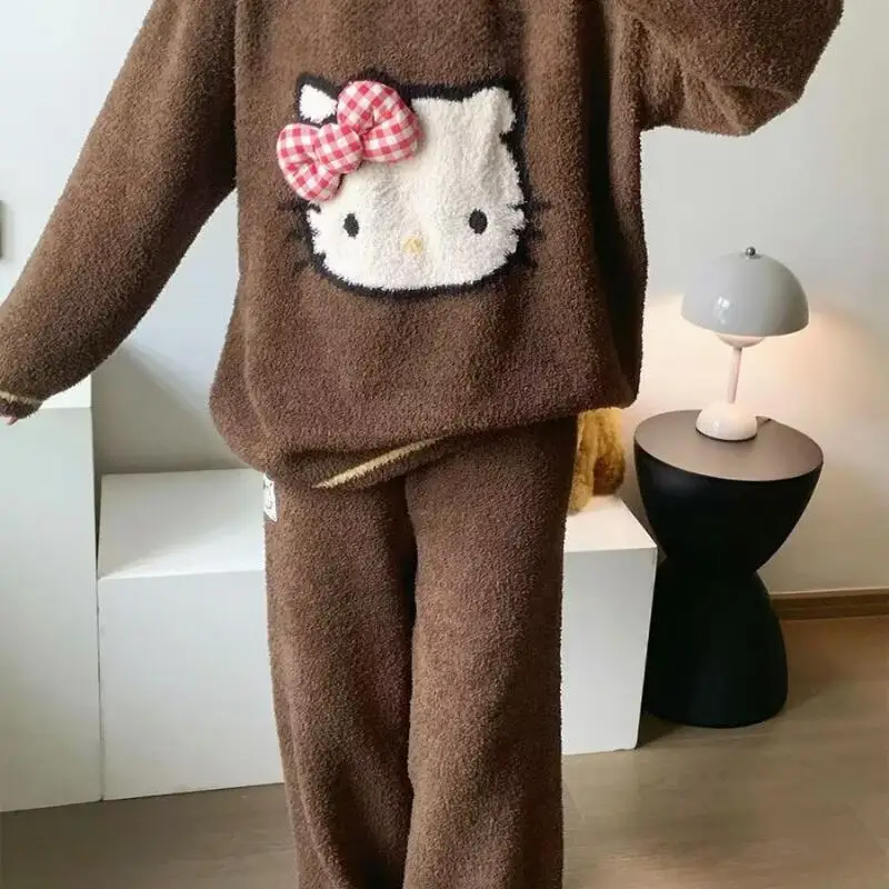 Sanrio Домашняя одежда, 2 шт., женские полусторонние пижамы Hello Kitty, осенне-зимний утолщенный милый теплый комплект из кораллового флиса Katie