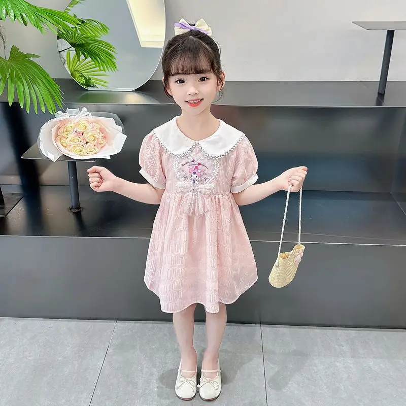 Фото 2024 платье для девочек Kuromi Kawaii Sanrio аниме топы летнее милое мультяшное платье принцессы с вырезом горловины подарок для детей №4