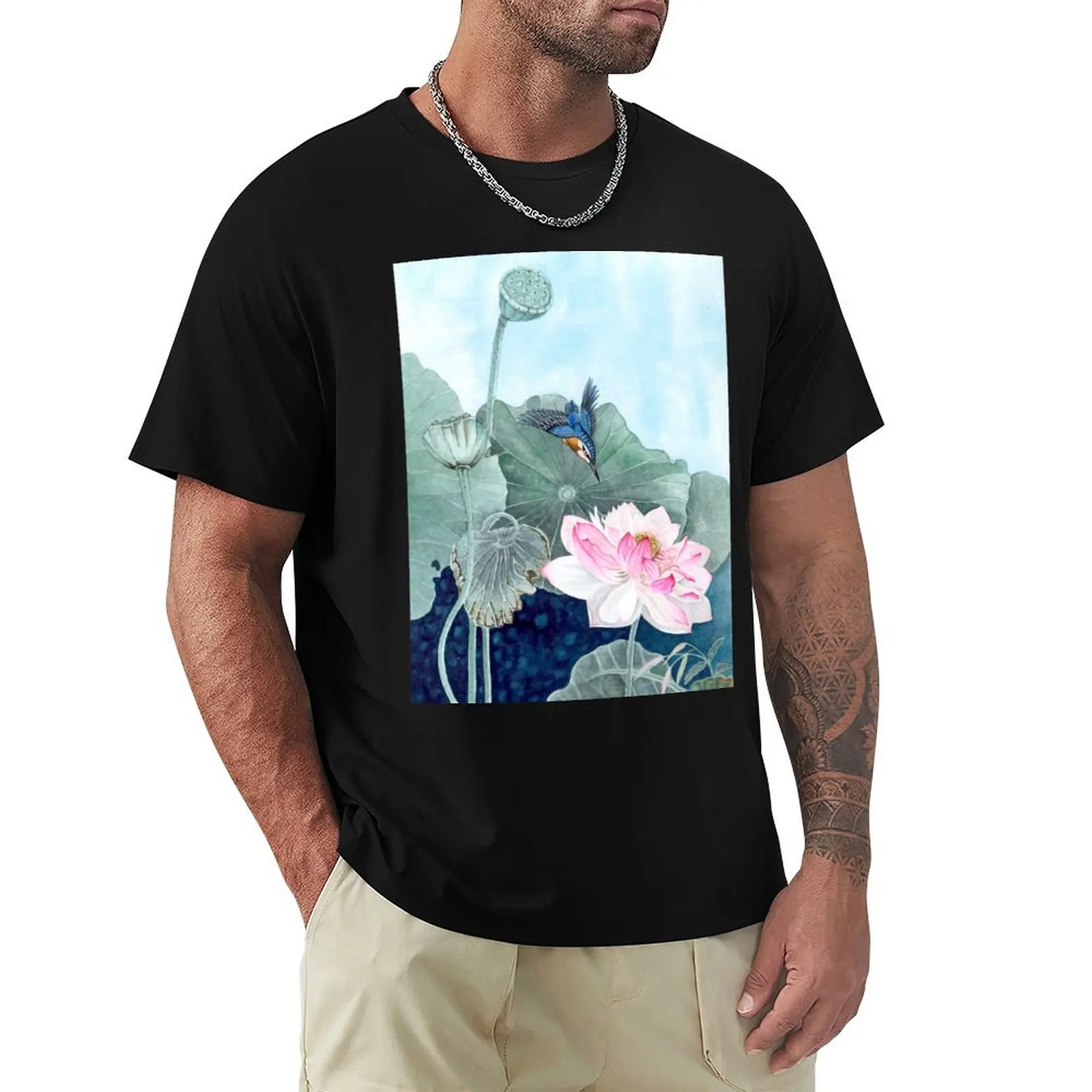 Футболка Kingfisher and Flowers 2, рубашки с рисунком, хлопковые футболки с рисунком, таможенный дизайн, мужская футболка черного цвета