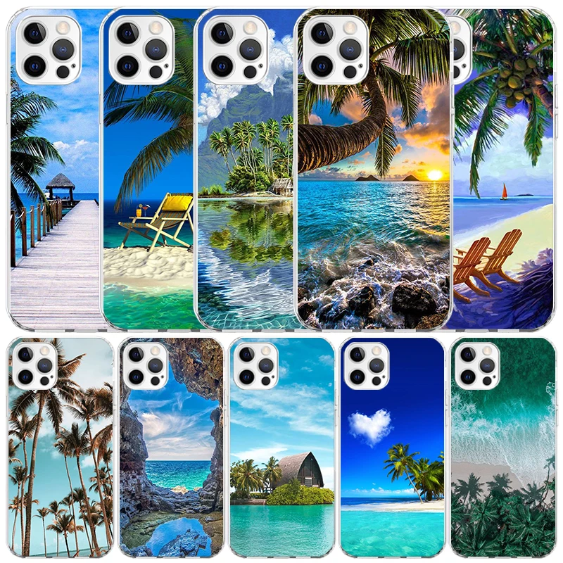 Чехол для телефона Summer Beach Sunset Sea Palm Tree для iPhone 16 17 Air 16E 15 14 Plus 13 Mini 12 11 Pro Max 7 8 + SE 2020 Soft TPU Ba