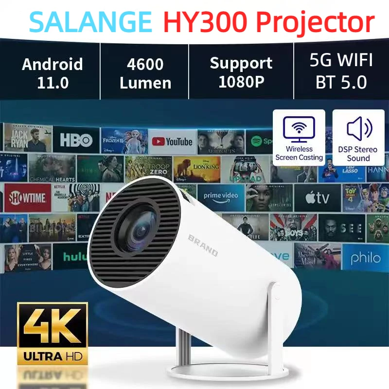 Видеопроектор Salange Mini 4K Smart, совместимый с SAMSUNG Android 11.0 WiFi 200ANSI BT5.0 1280 * 720P HY300 XiaoMi Открытый домашний кинотеатр Синхронизация телефона Проектор Светодиодный проектор HDMI USB