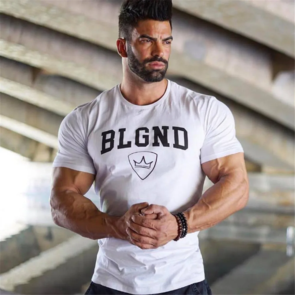 Kaus Cetak Kasual Kaus Lengan Pendek Fitness Binaraga Pria Atasan Kaus Slim Katun Olahraga Gym Pakaian Fashion Musim Panas