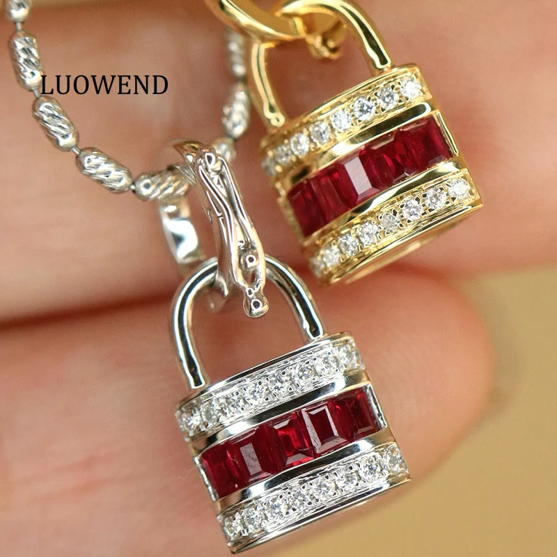 LUOWEND 100% 18K White/Yellow Gold Pendant Fashion Lock Shape Shiny Diamond Natural Ruby Pendant for Women High Birthday Gift