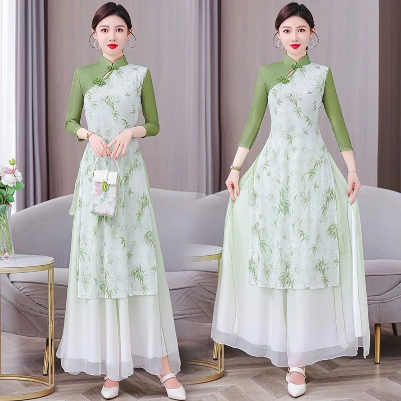 Летний женский традиционный вьетнамский костюм Cheongsam с восточным принтом, банкетное вечернее платье, танцевальные костюмы для выступлений на сцене Этническая одежда