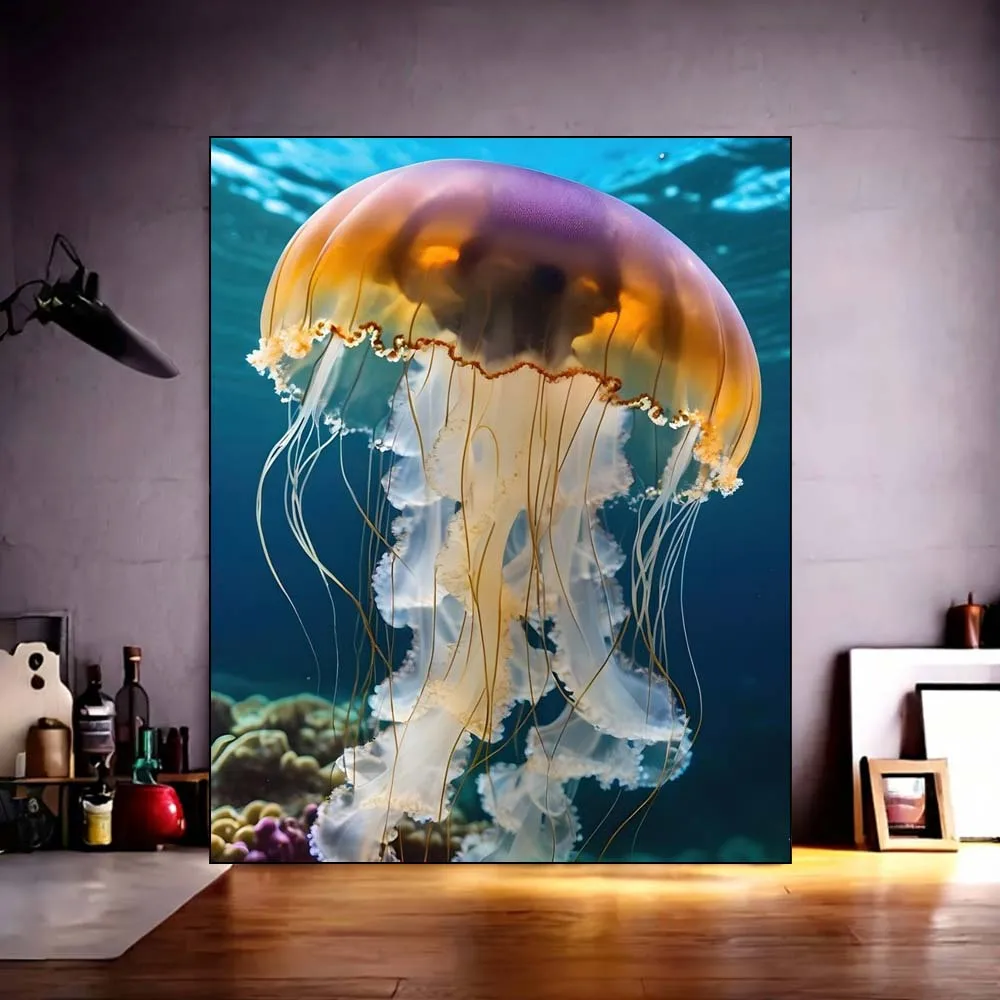 Крупным фиолетовым и оранжевым медузой в голубой воде, холст, искусство для начинающих, взрослых, набор для рисования по номерам, безрамный Искусство, ремесла и шитье