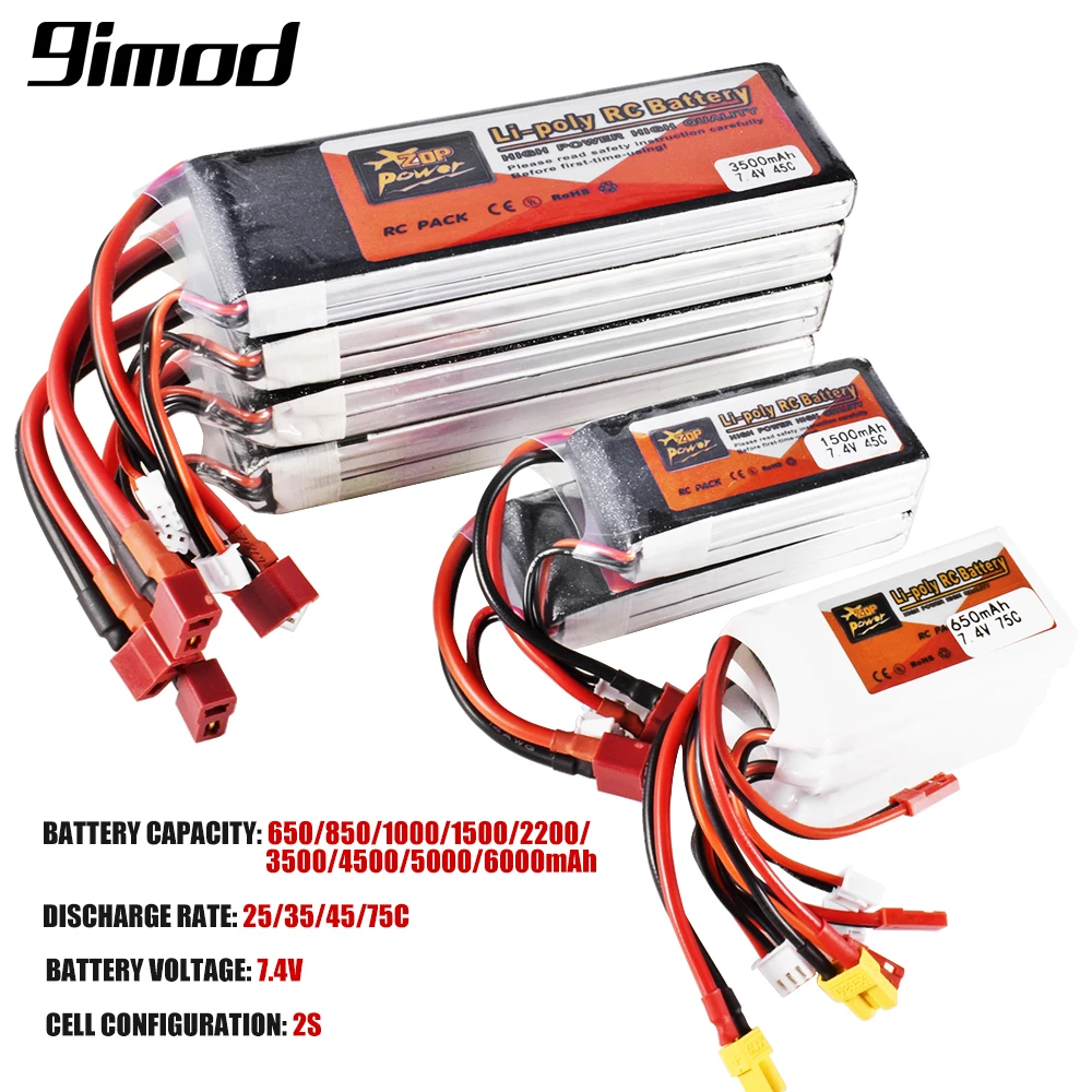 2S RC Lipo батарея 7,4 В 650-6000 мАч 25C-75C с XT30 XT60 T разъем JST для радиоуправляемого автомобиля лодки FPV дрона квадрокоптера