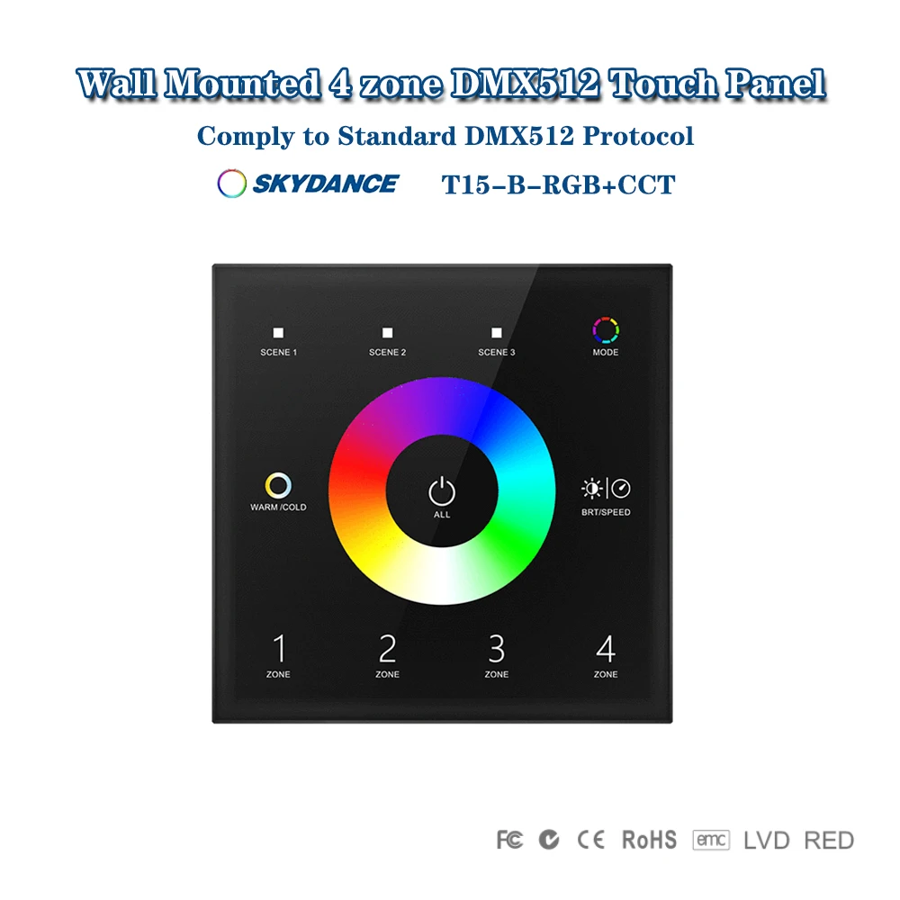 Фото Skydance T15 86 AC100-240V 4-зонный RGB + CCT 2,4 ГГцRF удаленная настенная сенсорная панель DMX512 для приемника/контроллера светодиодных лент №3
