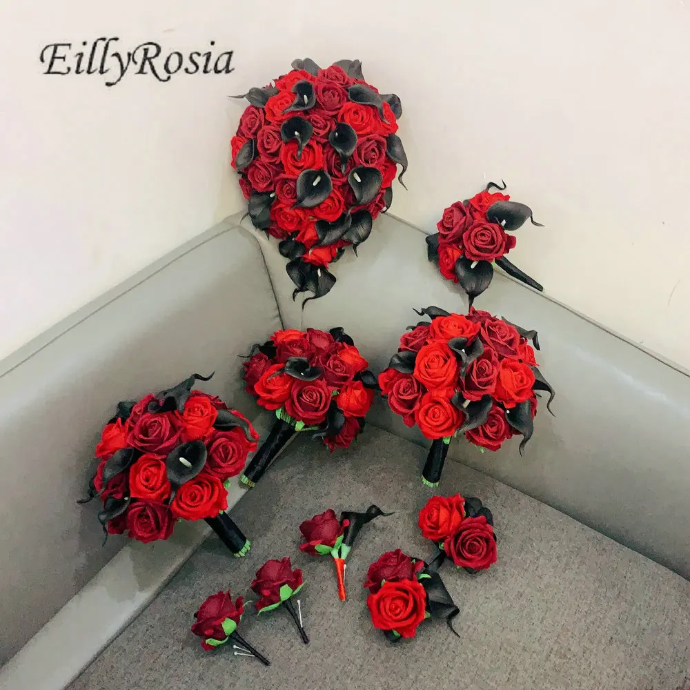 EillyRosia красный бордовый и черный калла лилия каскадный свадебный букет каплевидная подружка невесты для девочек с цветами набор бутоньерков