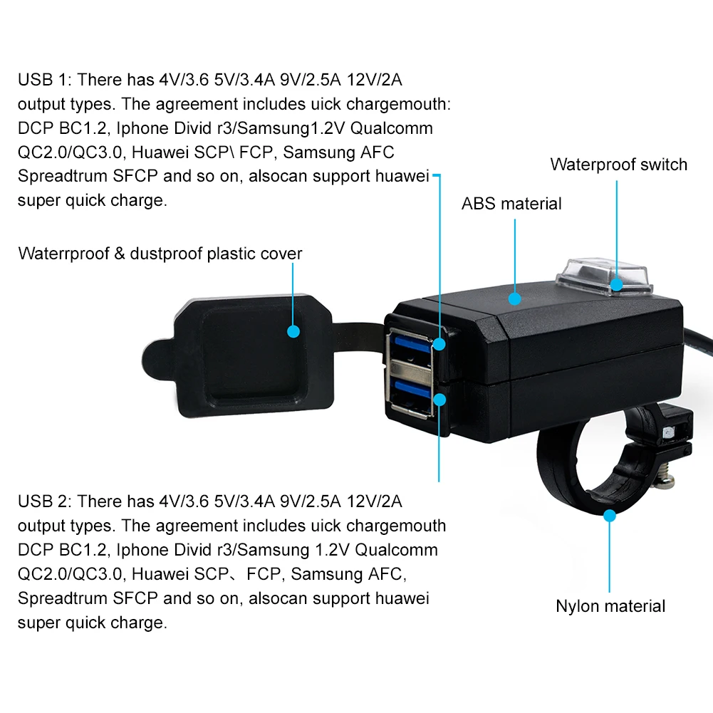 Новое универсальное мотоциклетное зарядное устройство QC3.0 USB, водонепроницаемое быстросменное зарядное устройство с двумя USB-портами 12 В, адаптер питания для Iphone, Samsung, Huawei (art.: 3920c564a63b4) - 3920c564a63b4