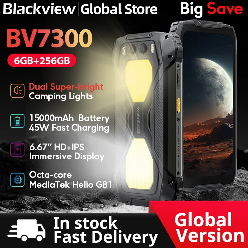 Прочный телефон Blackview BV7300, 6,67 дюйма, HD + IPS, 90 Гц, двойной светильник для кемпинга, NFC, 15000 мАч, 45 Вт, быстрая зарядка, мобильный телефон Android 14