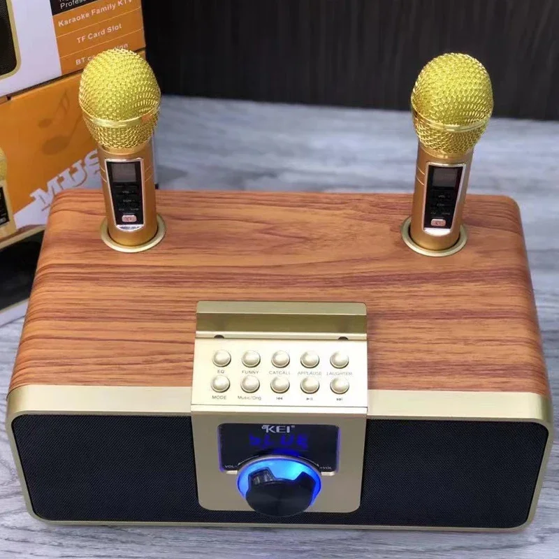 Bluetooth-Колонка K08 для Домашнего Караоке под дерево, двойной беспроводной микрофон, FM-радио, TF-карта, USB, сабвуфер, музыкальный центр, аудио