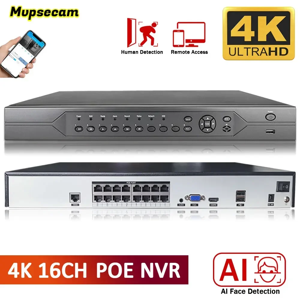 Система видеонаблюдения, 4K, 16 каналов, POE, Nvr, 8 Мп, с функцией распознавания лица