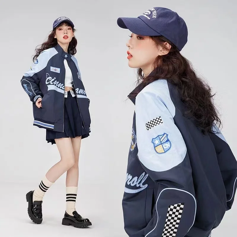 Фото Куртка Sanrio Y2k Cinnamoroll Racer, кавайная байкерская куртка, штаны, штаны с мультяшным принтом, Женская свободная теплая ветрозащитная одежда для пар, подарки №4