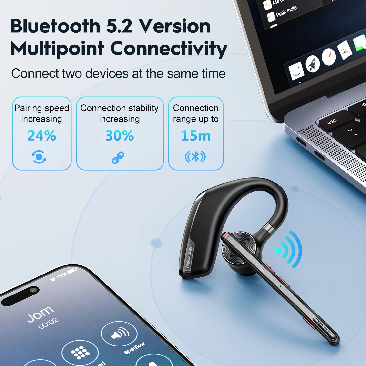 Фото Новая гарнитура Bee M51 Bluetooth V5.2, деловые наушники, беспроводные наушники с ушным крючком, наушники с двумя микрофонами CVC8.0 с шумоподавлением №4