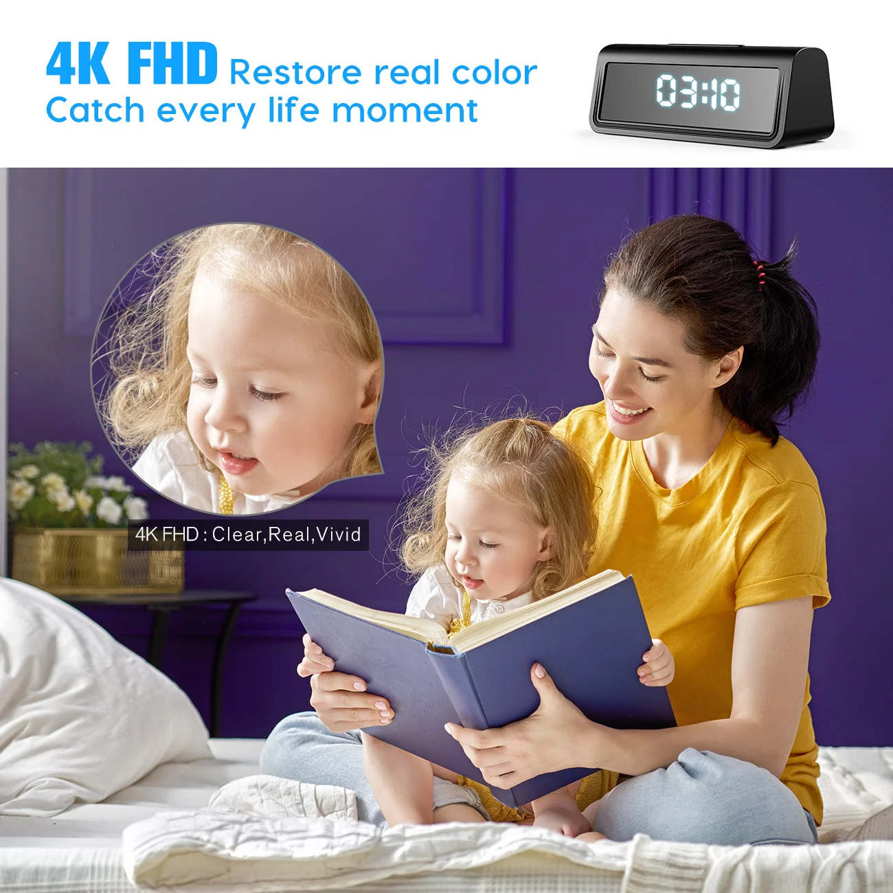 Фото Цифровые часы 4K HFD с мини-камерой, Wi-Fi, IP/AP, защитой, ночным видением, видеорегистратором, экшн-камерой с датчиком движения и широким углом 166 ° №5