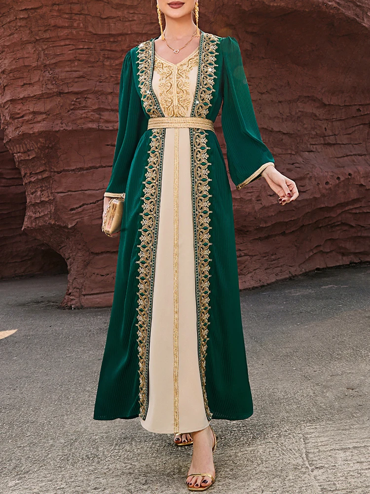 Mia Muse Ramadan Essentials женское мусульманское роскошное платье Абая с v-образным вырезом, роскошный кафтан с бриллиантами и золотой вышивкой, расшитое бисером