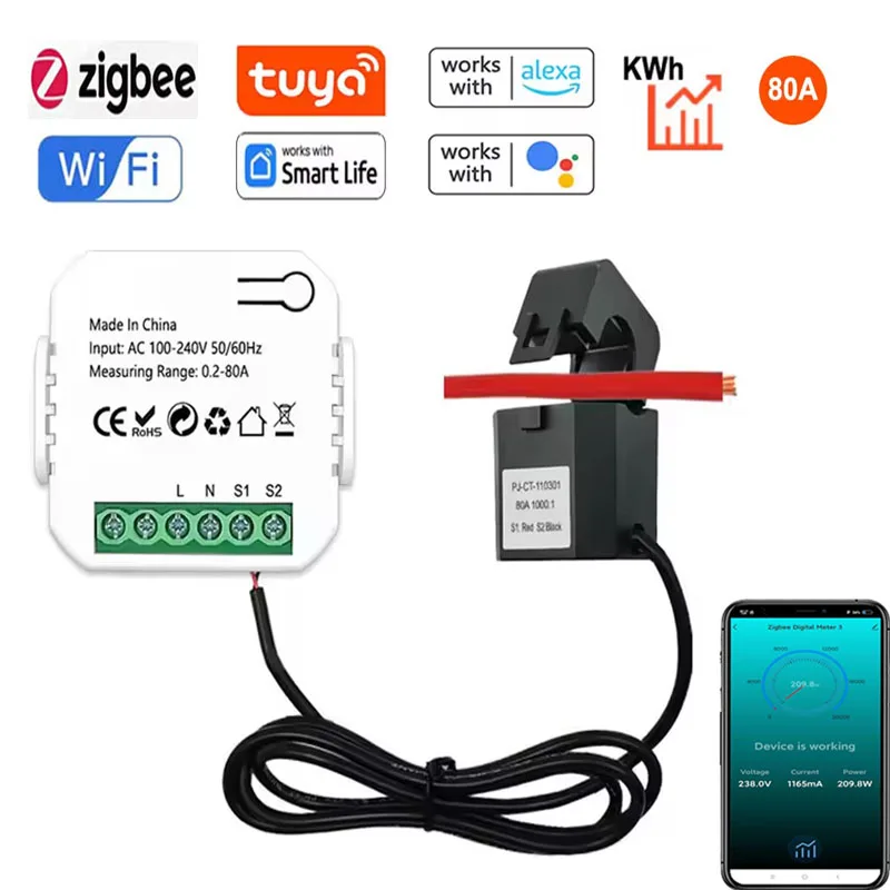 80A Tuya WiFi Zigbee Smart Energy Meter 2CH Датчик тока Зажим Дистанционное управление КВтч Электрическая статистика Монитор мощности AC100-240V