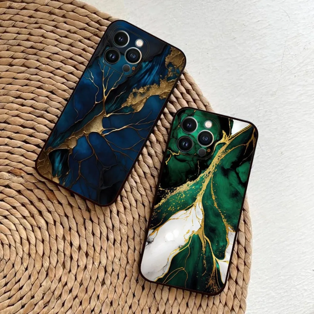 Чехол для телефона из искусственного малахита цвета золотой Индиго для iPhone 15,14,13,12,11,Plus,Pro Max,XS,X,XR,SE,Mini,8,7 мягкий силиконовый черный чехол