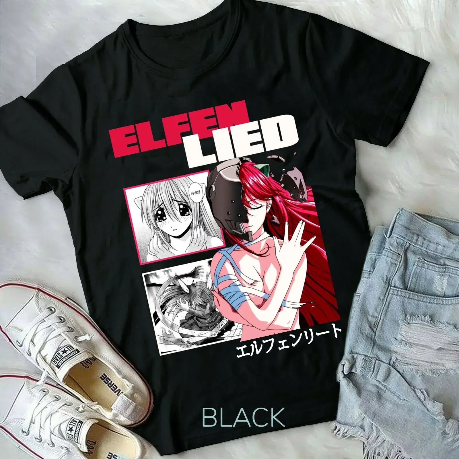 Футболка Elfen Lied, черная футболка с рисунком Люси Nyu Kaede в стиле аниме для девушек