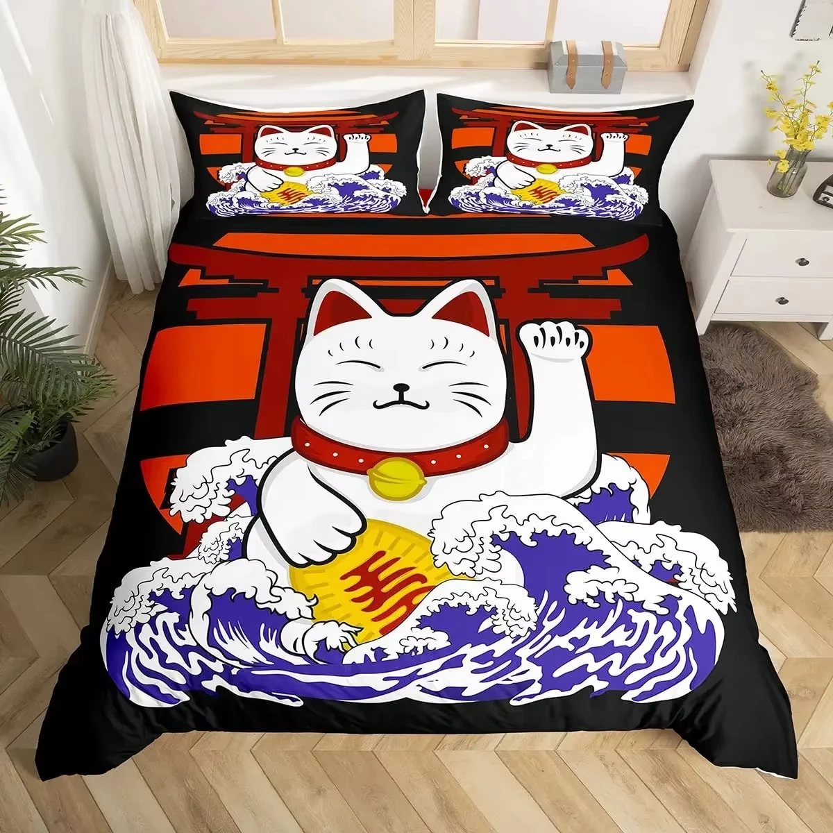 Lucky Cat пододеяльник в японском стиле с волнистым узором комплекты постельного белья для взрослых и детей спальня экзотический декор King пододеяльник комплект из 3 предметов