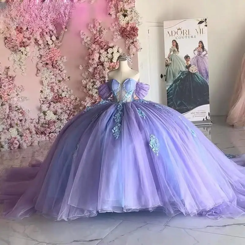 Роскошное фиолетовое тюлевое платье Quinceanera по индивидуальному заказу, бальное платье 2025 года с бантом и аппликацией из бисера, платье на день рождения, Vestidos De 15 Años