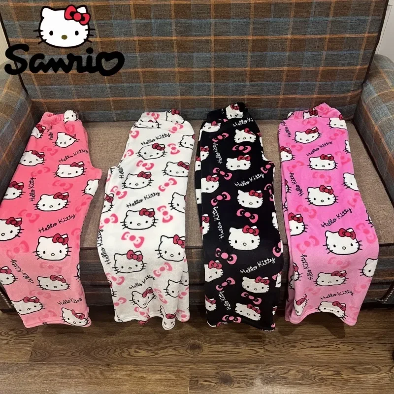 Фланелевая пижама Sanrio Hello Kitty, Черная Женская теплая шерстяная Повседневная Домашняя одежда с мультяшным рисунком, модные брюки на осень и зиму