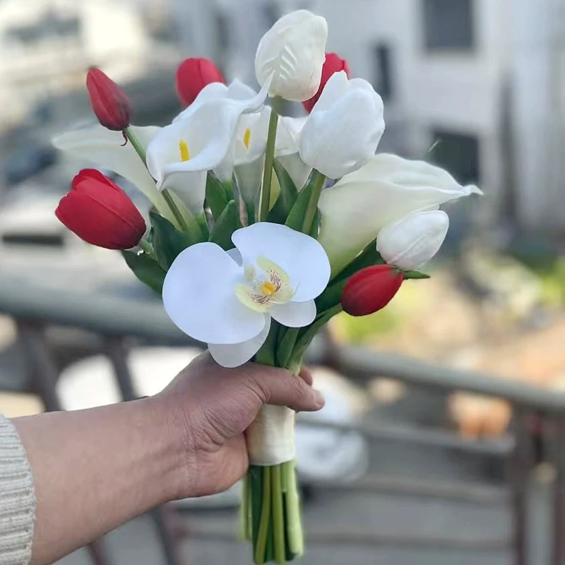 Фото Bouquet de mariage Mariée casamento Имитация розовых тюльпанов и каллы, ручной букет на свадьбу невесты №2