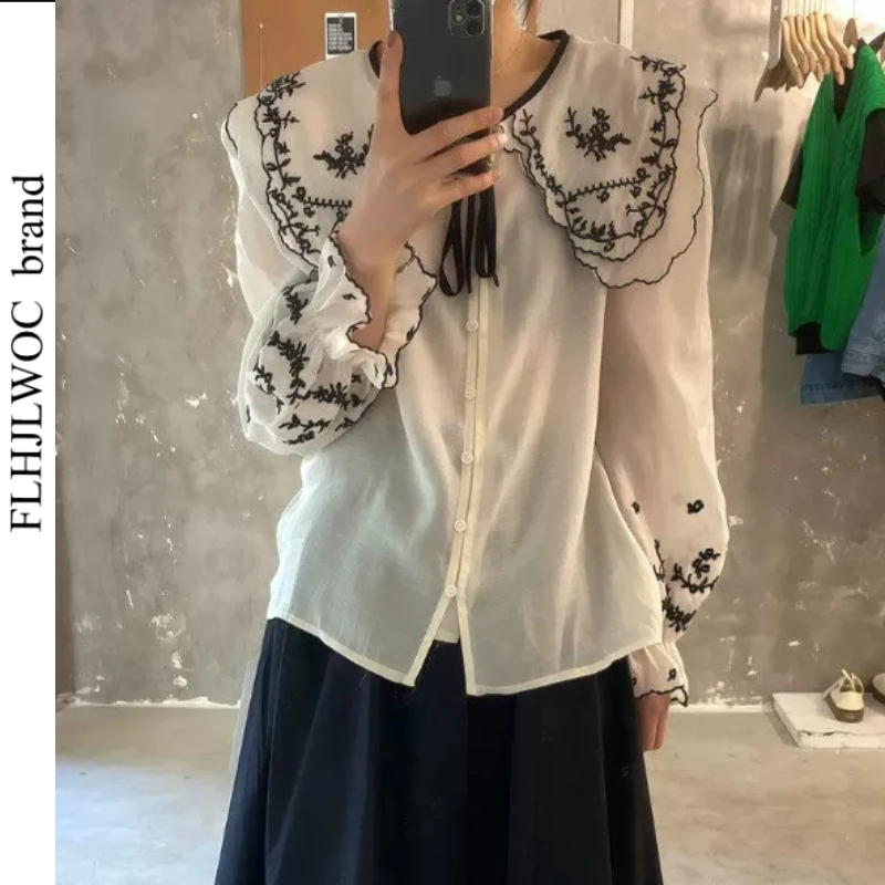 Женские топы Mori Girls из Южной Кореи, милые, нежные, хлопковые, с вышивкой, в стиле преппи, винтажные, с воротником Питер Пэн, тонкие рубашки-блузки FLHJLWOC