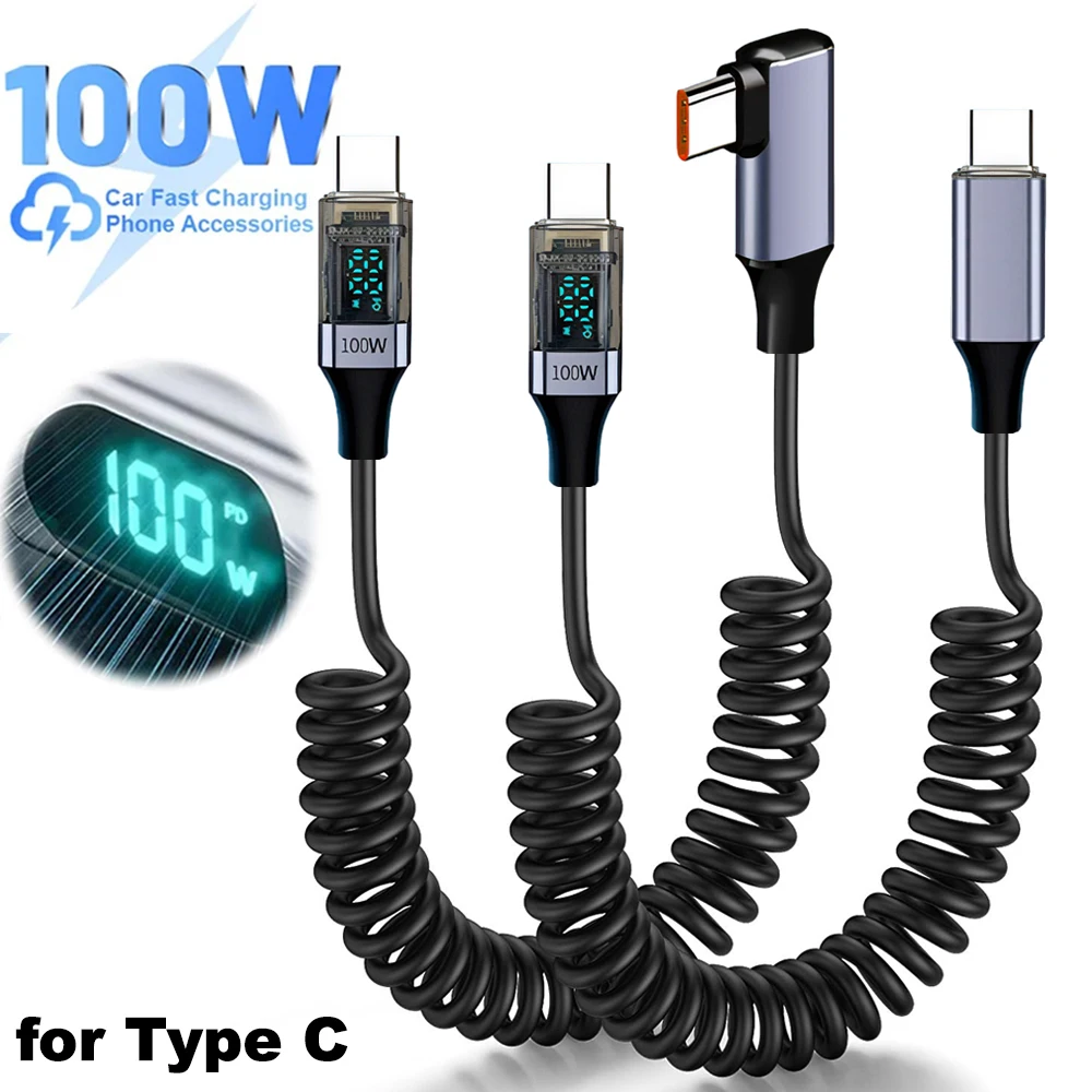 Спиральные кабели USB C до Type-C под прямым углом, 100 Вт PD, шнур для быстрой зарядки передачи данных для IPhone 16 15 ProMax Samsung, пружинный провод