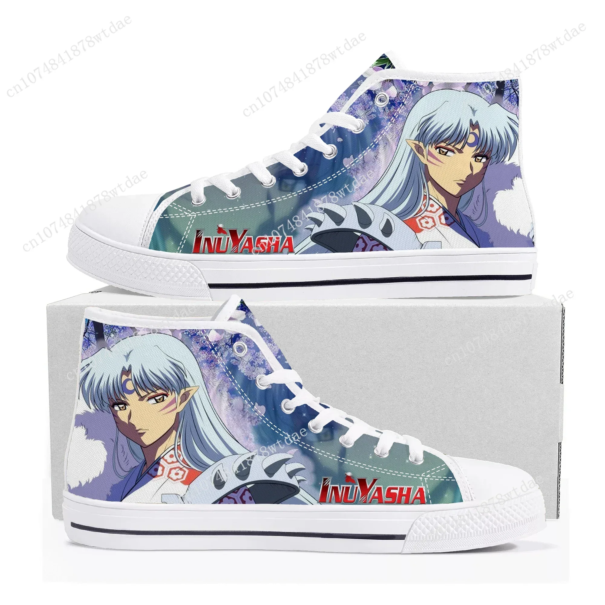 Фото Sesshoumaru высокие кроссовки мужские женские подростковые Inuyasha парусиновые кроссовки высокого качества в стиле комиксов манга пара обувь по индивидуальному заказу №2