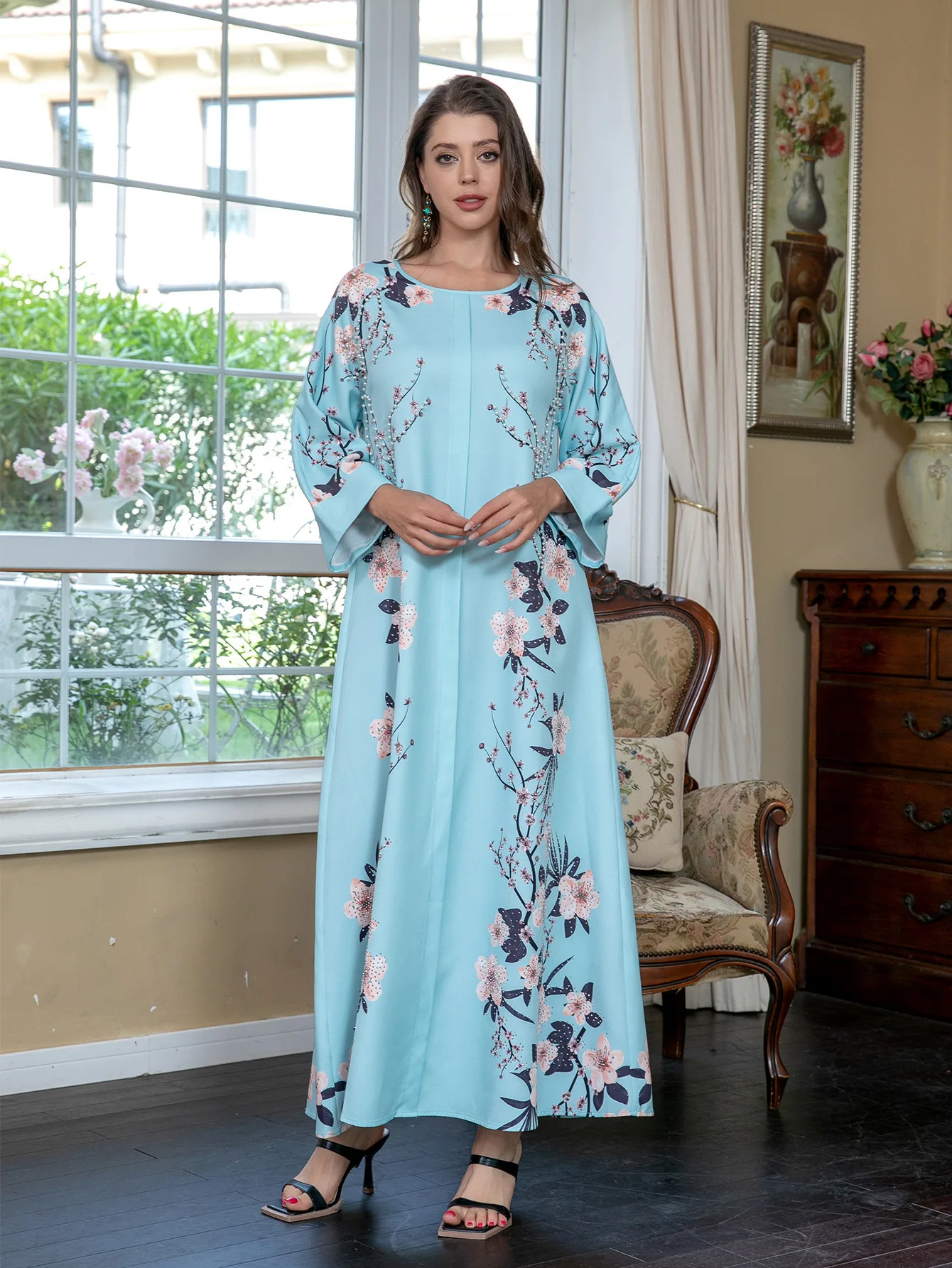 Мусульманское платье с круглым вырезом SW0904 Robe Dubai Abaya Hot Diamond Bead Printed Dress