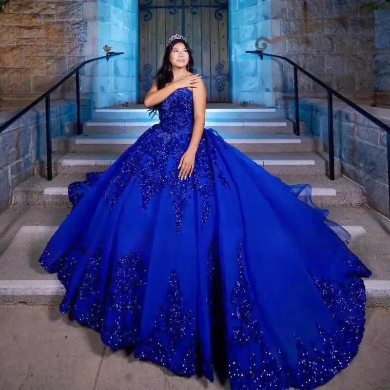 Синее бальное платье Quinceanera Dress 2025 с длинным шлейфом и рюшами, тюлевое платье принцессы Vestidos De 15 Años, платье для дня рождения Sweet 16